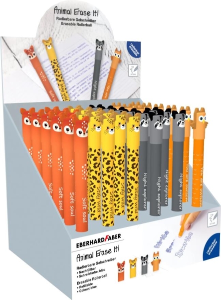 Eberhard Faber Animal Erase It! Expositor con 36 Boligrafos Borrables - Trazo 0.7mm - Capuchon con Formas de Animales - Tacto Soft - Tinta de Color Azul