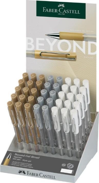 Faber-Castell Artsy Beyond Expositor con 40 Boligrafos de Tinta Gel - Punta de 1mm - Trazo de 0.6mm - Zona de Agarre Engomada - Colores Oro, Plata y Blanco