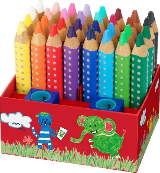 Faber-Castell Grippy Pack con 32 Lapices de Colores Gruesos Mina XXL Suave + 2 Sacapuntas - 2 Lapices por Color - Forma Triangular con Grip - Colores Surtidos