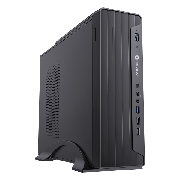 Unykach UK2012 Slim Caja Torre MicroATX + Fuente de Alimentacion SFX 300W 80+ Bronze - Tamaño Disco Soportado 3.5", 2.5" - USB-A 3.0 / 2.0, USB-C y Audio - Color Negro