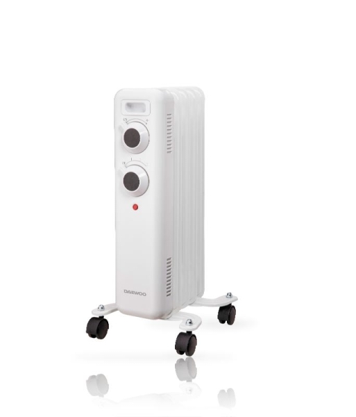 Daewoo DW9501 Radiador de Aceite - Potencia 1000W - 5 Elementos - Termostato Regulable - Ruedas - Asa de Transporte - Indicador Luminoso - Color Blanco