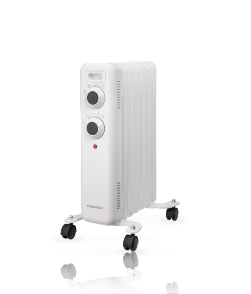 Daewoo DW9502 Radiador de Aceite - Potencia 1500W - 7 Elementos - Termostato Regulable - Ruedas - Asa de Transporte - Indicador Luminoso - Color Blanco