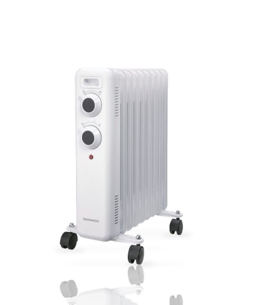 Daewoo DW9503 Radiador de Aceite - Potencia 2000W - 9 Elementos - Termostato Regulable - Ruedas - Asa de Transporte - Indicador Luminoso - Color Blanco