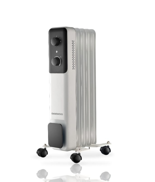 Daewoo DW9504 Radiador de Aceite - Potencia 1000W - 5 Elementos - Termostato Regulable - Ruedas - Asa de Transporte - Funcionamiento Automatico - Color Blanco y Negro