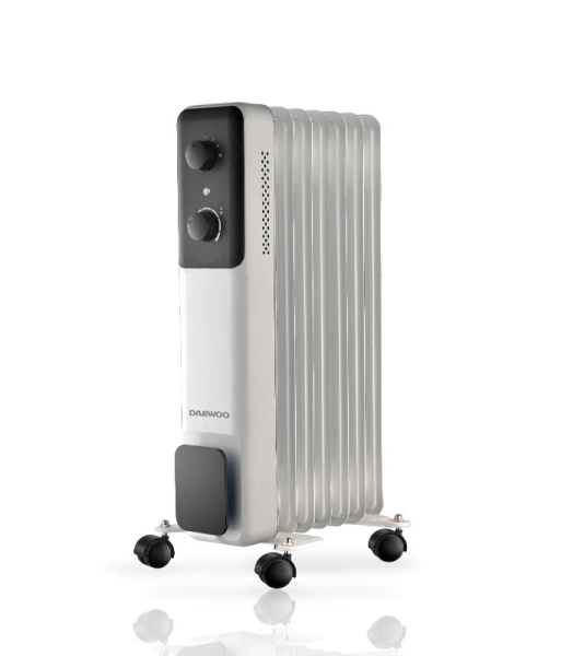 Daewoo DW9505 Radiador de Aceite - Potencia 1500W - 7 Elementos - Termostato Regulable - Ruedas - Asa de Transporte - Funcionamiento Automatico - Color Blanco y Negro