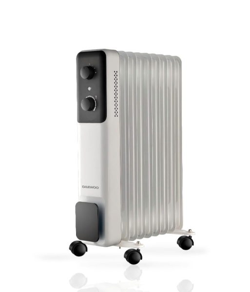 Daewoo DW9506 Radiador de Aceite - Potencia 2000W - 9 Elementos - Termostato Regulable - Ruedas - Asa de Transporte - Funcionamiento Automatico - Color Blanco y Negro