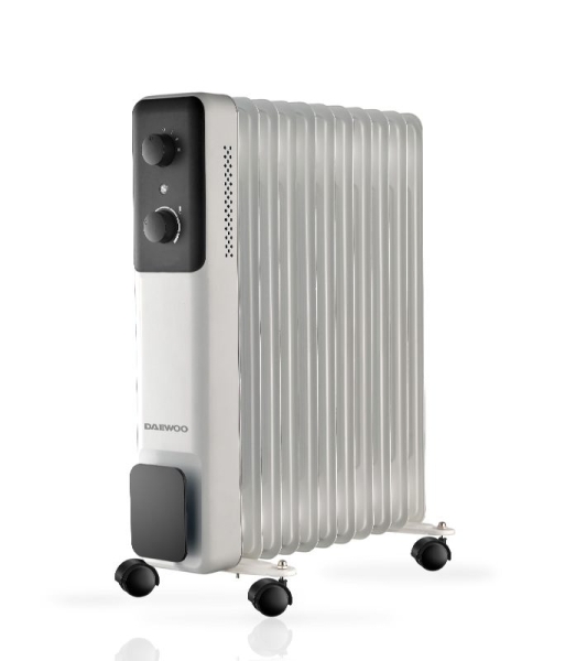Daewoo DW9507 Radiador de Aceite - Potencia 2500W - 11 Elementos - Termostato Regulable - Ruedas - Asa de Transporte - Funcionamiento Automatico - Color Blanco y Negro
