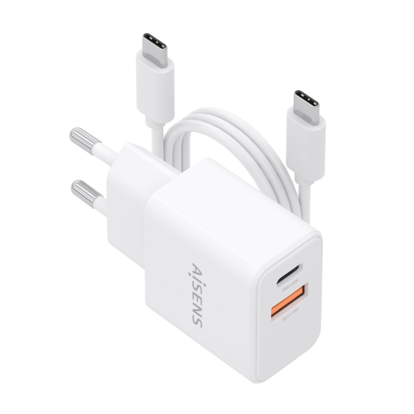 Aisens Cargador Gan 20W - 1xUSB-C PD3.0 - 1xUSB-A QC3.0 - Cable USB-C 1m - Color Blanco