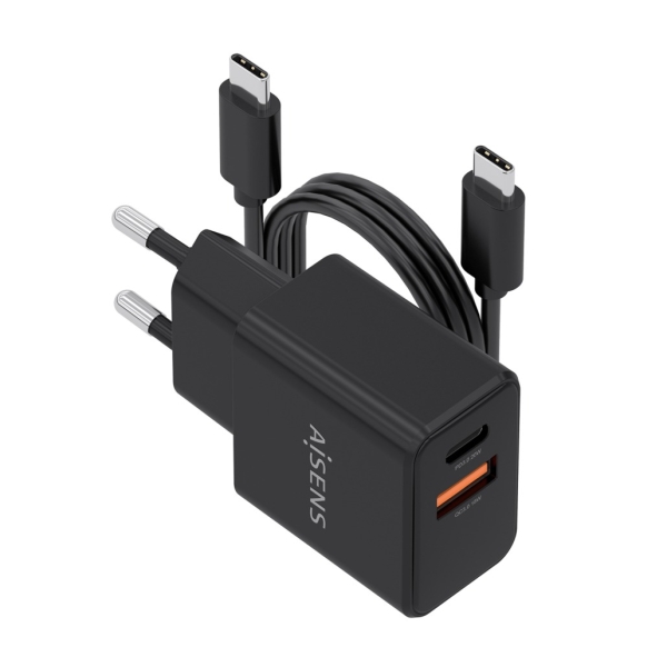 Aisens Cargador Gan 20W - 1xUSB-C PD3.0 - 1xUSB-A QC3.0 - Cable USB-C 1m - Color Negro