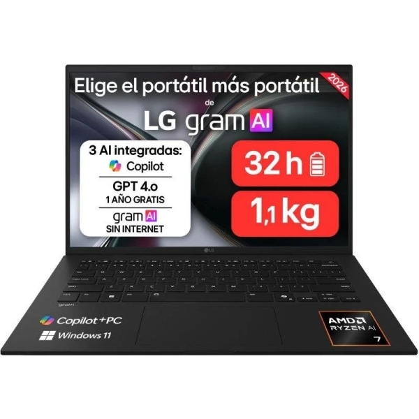 LG Gram 14Z95U-G.AU85BN Portatil 14" AMD Ryzen AI 7 450 - 32GB DDR5 - 512GB SSD - Windows 11 Home - Color Negro - Teclado QWERTY (ES)