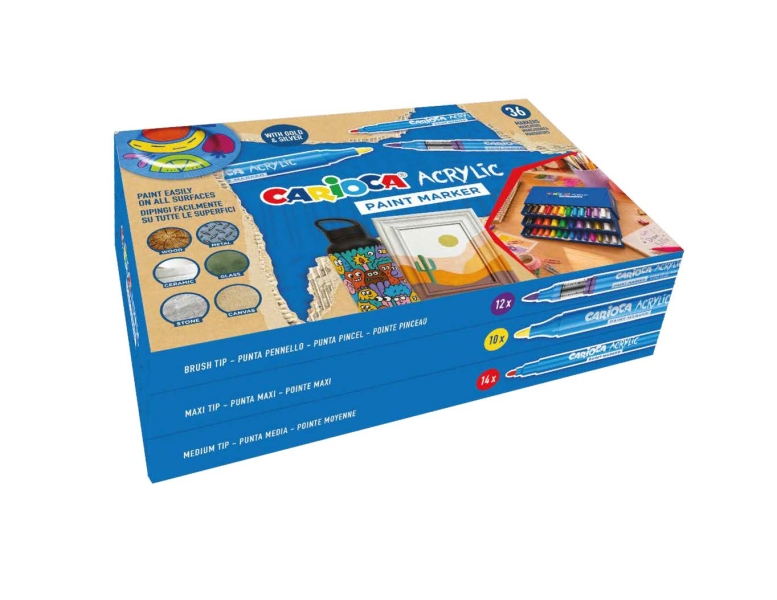 Carioca Acrylic Pack de 36 Marcadores de Pintura Acrilica - 12 Punta Pincel + 10 Punta Maxi + 14 Punta Media - Tinta a Base de Agua - Alta Cobertura - Colores Surtidos