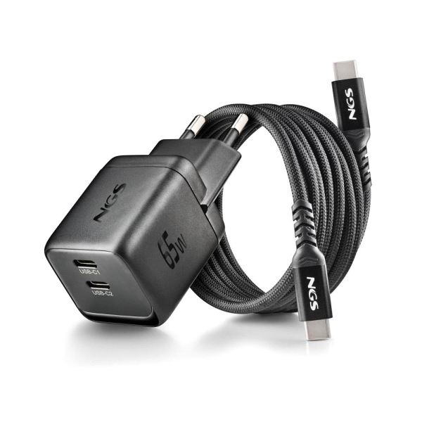 NGS Bud 65W-C Nano Cargador GaN Universal de Pared 65W Ultrarapido - 2x USB-C PD3.0 PPS - Color Negro