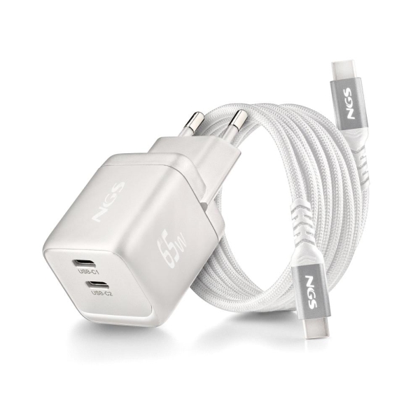 NGS Bud 65W-C Nano Cargador GaN Universal de Pared 65W Ultrarapido - 2x USB-C PD3.0 PPS - Color Blanco