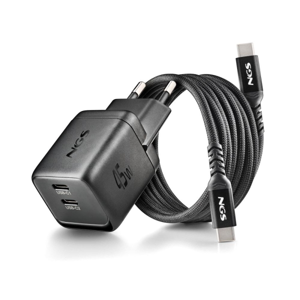 NGS Bud 45W-C Nano Cargador GaN Universal de Pared 45W Ultrarapido - 2x USB-C PD3.0 PPS - Color Negro
