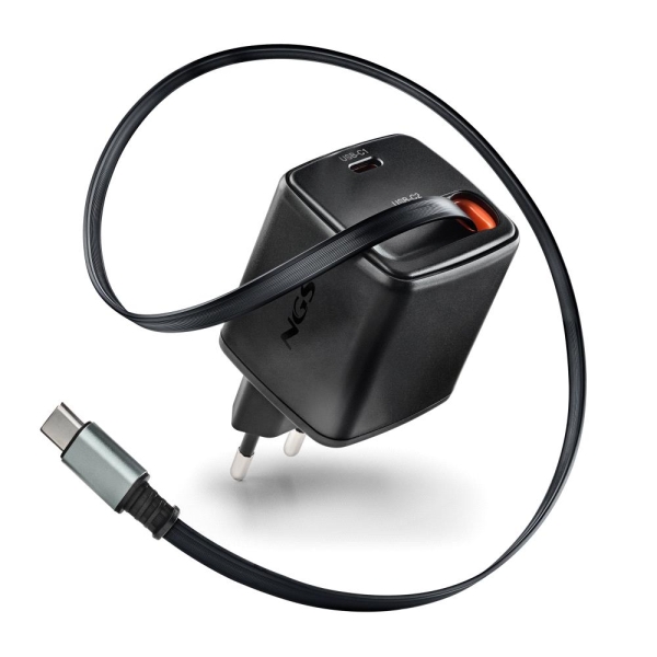 NGS Reel 65W Cargador GaN Universal de Pared 65W con Cable Retractil - 1x USB-C PD3.0 PPS - Color Negro
