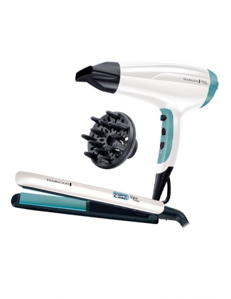 Remington Shine Therapy Pack Secador y Plancha de Pelo - 2300W - Secador con Rejilla Ceramica-Ionica - Plancha de Placas Ceramicas con Recubrimiento de Aceite de Argan