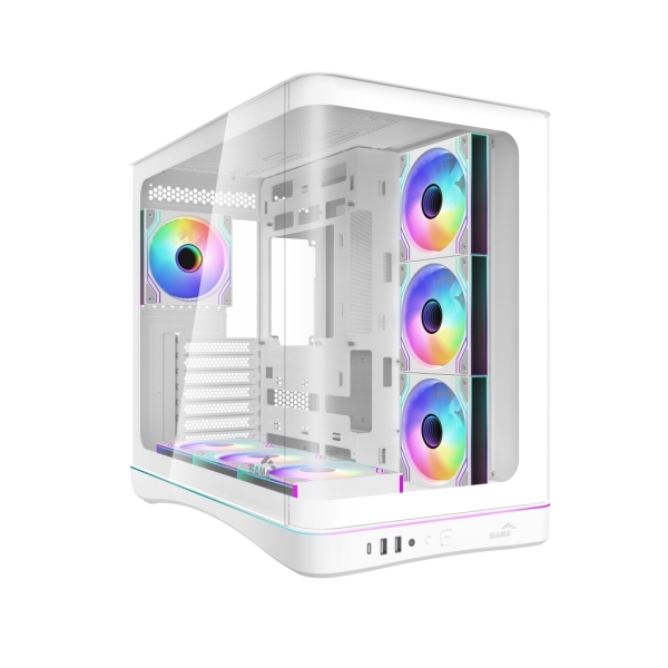 Sama V62 Caja Torre ATX - Lateral Cristal Templado Curvado - 2 x USB-A 3.0, 1 x USB-C 3.2 - 1 x Audio + Micro - 7 Ventiladores ARGB - Color Blanco
