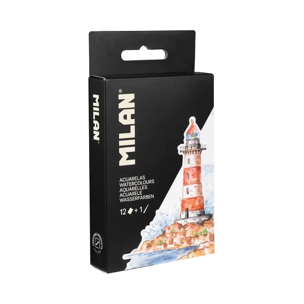Milan Art Estuche Metalico de 12 Acuarelas + Pincel de Agua + Esponja Limpiadora + Paleta para mezclar - Formato de Viaje - Colores Surtidos