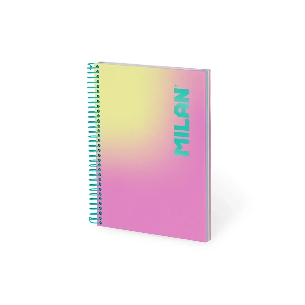 Milan Sunset Cuaderno Espiral Formato A5 Cuadricula 5x5mm - 90 Hojas de 95 gr/m2 - Microperforado, 2 Taladros - 3 Bandas de Color - Color Rosa/Amarillo