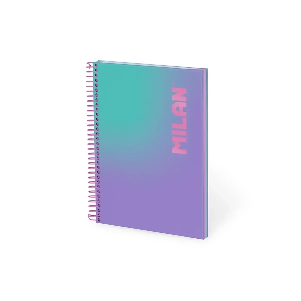 Milan Sunset Cuaderno Espiral Formato A5 Pautado 1 Linea - 90 Hojas de 95 gr/m2 - Microperforado, 2 Taladros - 3 Bandas de Color - Color Morado/Turquesa