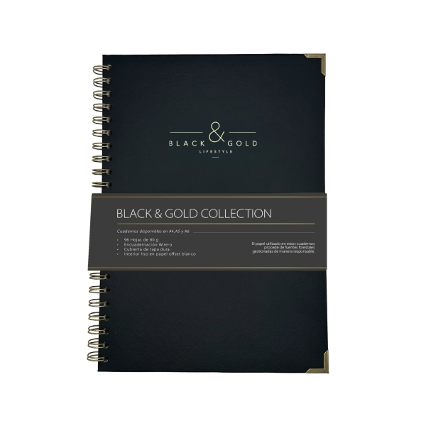 Dohe Black & Gold Cuaderno de Espiral Metalica Wire-O A4 - 96 Hojas Lisas de 80g - Tapa Dura en Carton Forrado con Polipiel - Cantoneras Metalicas Doradas - Color Negro