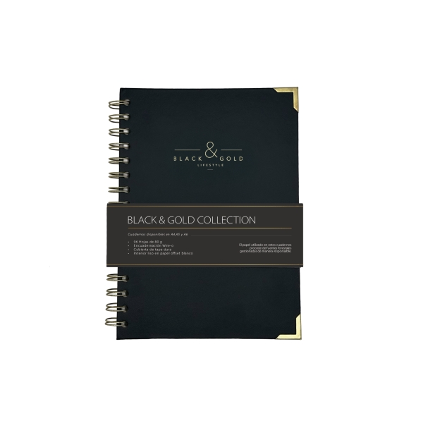 Dohe Black & Gold Cuaderno de Espiral Metalica Wire-O A5 - 96 Hojas Lisas de 80g - Tapa Dura en Carton Forrado con Polipiel - Cantoneras Metalicas Doradas - Color Negro