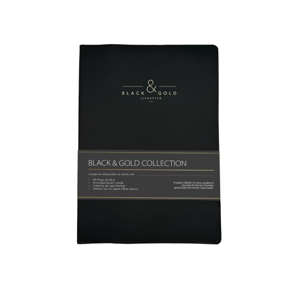 Dohe Black & Gold Cuaderno con Encuadernacion Cosida A4 - 96 Hojas Lisas de 80g - Tapa Flexible Forrada en Polipiel - Color Negro