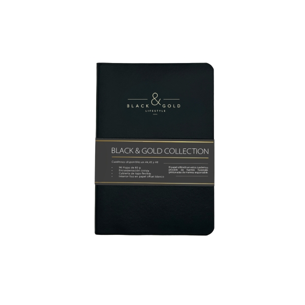 Dohe Black & Gold Cuaderno con Encuadernacion Cosida A5 - 96 Hojas Lisas de 80g - Tapa Flexible Forrada en Polipiel - Color Negro