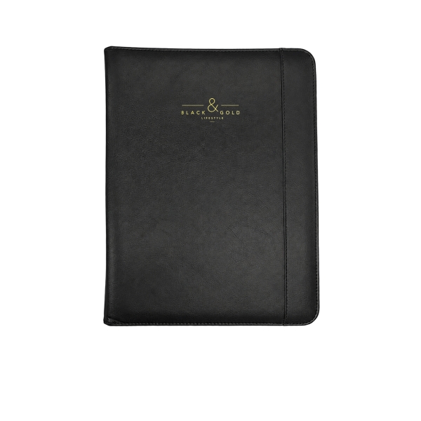 Dohe Black & Gold Portadocumentos de Mano con Bloc de 25 Hojas Lisas - Cubierta en Polipiel - Bolsillo Interior y Ventana para Tarjetas - Color Negro