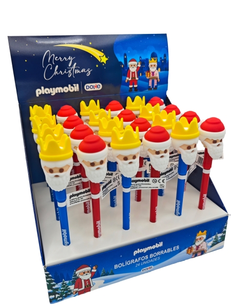 Dohe Playmobil Navidad Expositor con 24 Boligrafos Borrables - Capuchon con Formas de Papa Noel y Rey Mago