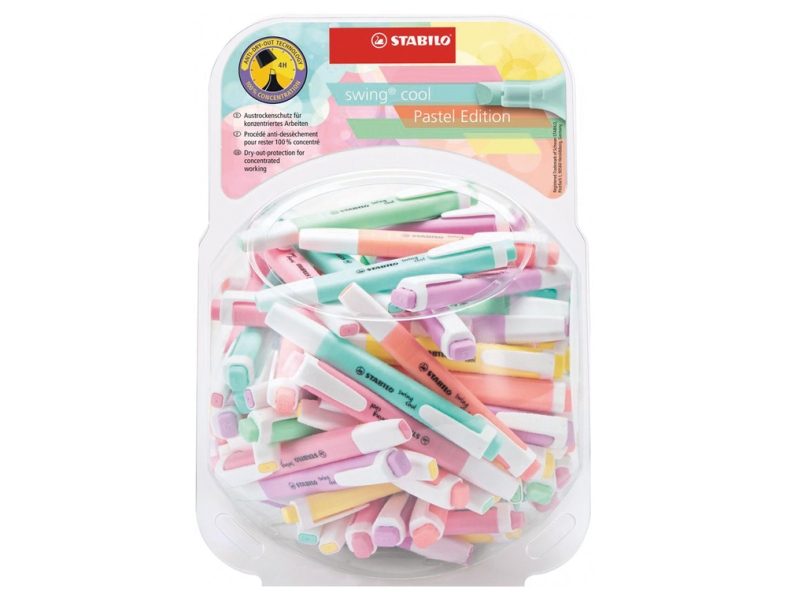 Stabilo Swing Cool Pastel Expositor de 100 Marcadores Fluorescentes - Cuerpo Plano - Punta Biselada - Trazo entre 1 y 4mm - Tinta con Base de Agua - Colores Surtidos