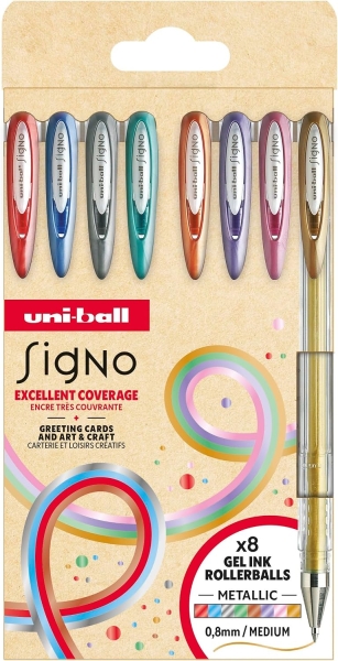 Uni-ball Signo Noble Metal UM-120NM Pack con 8 Boligrafos de Tinta Gel - Punta de Bola 0.8mm - Tinta Pigmentada Resistente al Agua y Luz - Escribe en Papel Negro y Blanco - Colores Surtidos