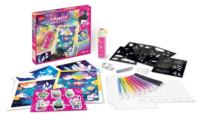 Maped Airbrush Maker Glitter Kit de Aerografo para Niños Facil de Usar con 8 Rotuladores Maped Jungle + 2 Rotuladores Glitter y mucho mas - Para Niños a partir de 5 Años