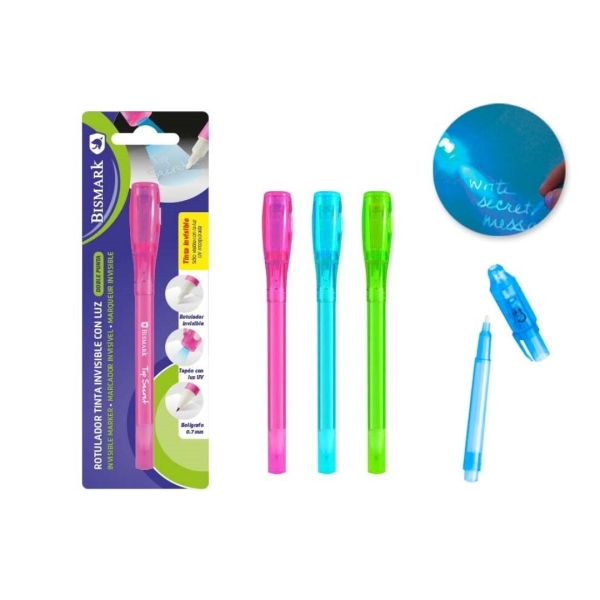 Bismark Boligrafo de Tinta Invisible Doble Punta - Punta Rotulador y Punta 0.7mm - Luz para poder Ver la Escritura - Colores Surtidos Aleatorios